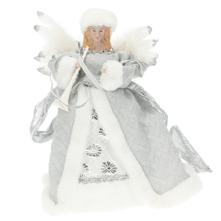 Varf de brad inger din portelan, alb-argintiu, inaltime 33 cm