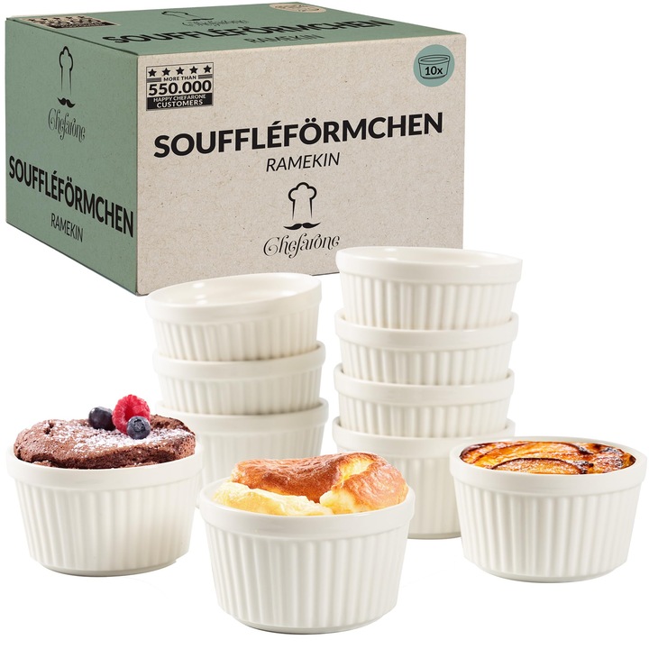 Set de 10 forme de sufleu, CHEFARONE, alb, ceramice, 170 ml, dimensiuni 9x7, 5x5 cm
