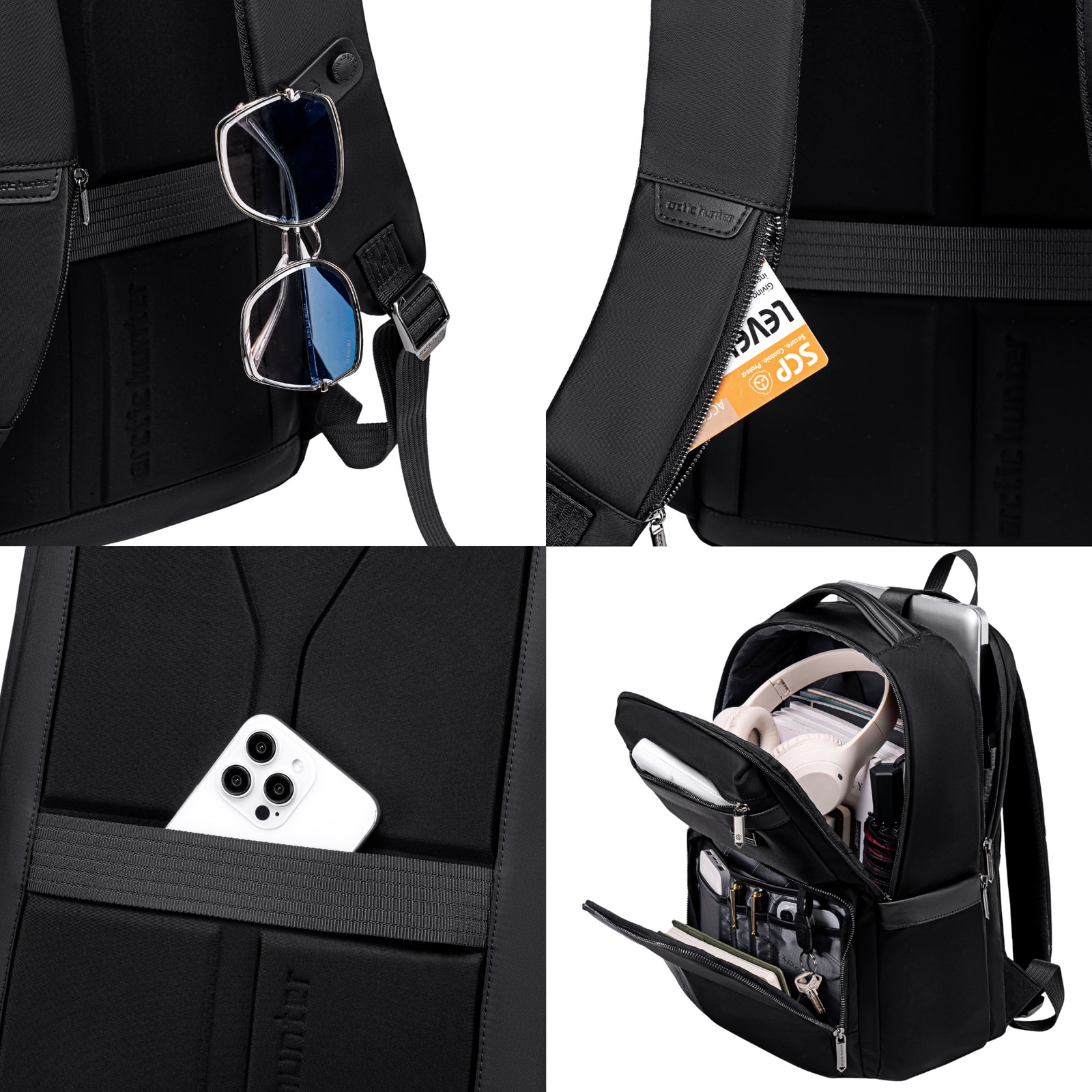 Rucsac business laptop 18L cu 14 compartimente, elegant si impermeabil Arctic Hunter B00808black