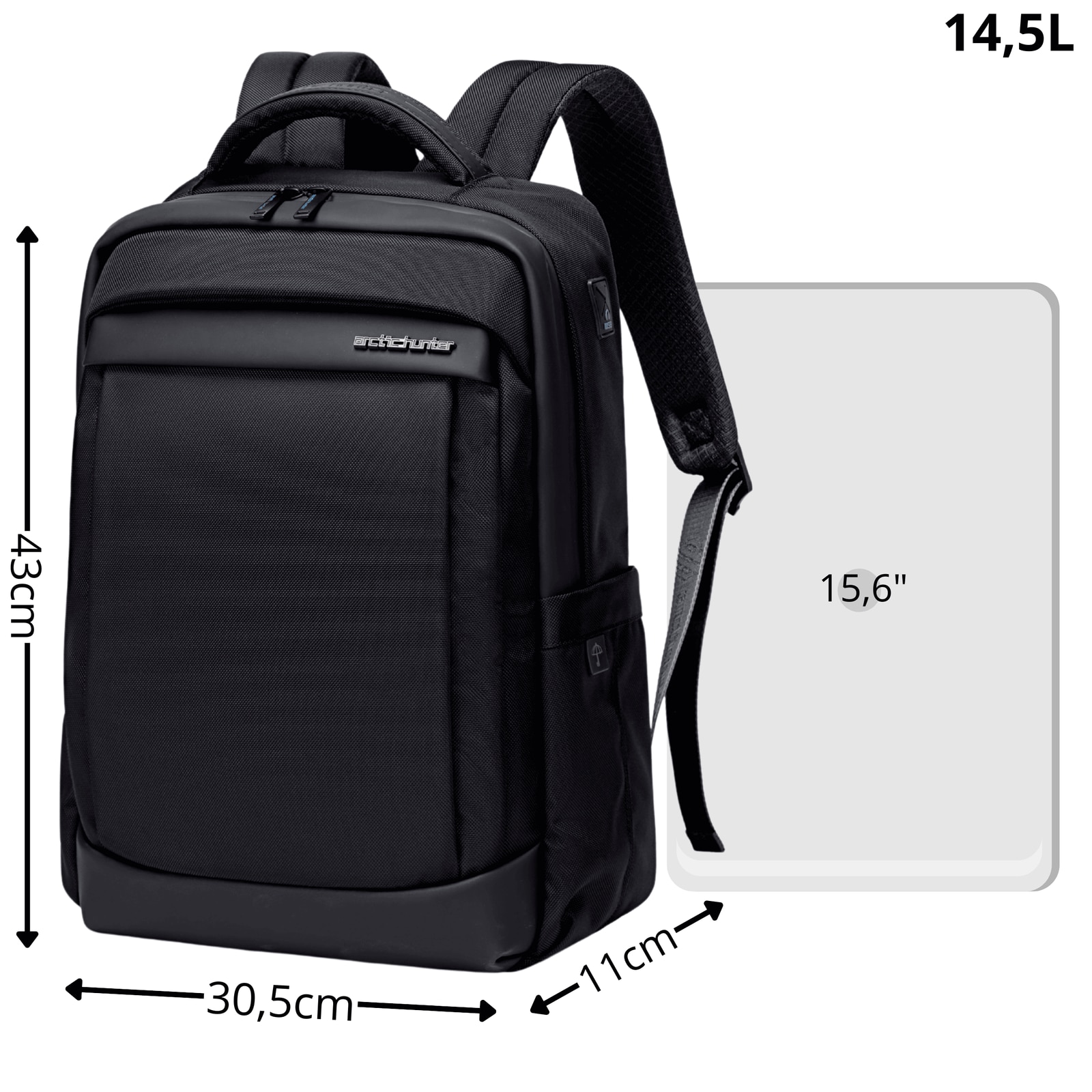 Rucsac business laptop 14,5L cu 10 buzunare, impermeabil si elegant Arctic Hunter B00478black