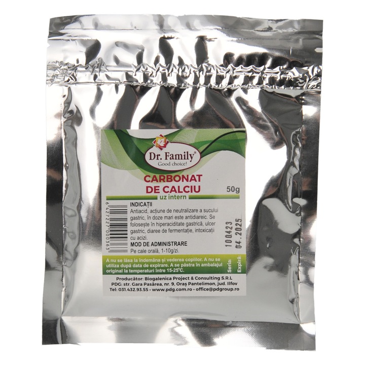 Carbonat de Calciu Dr. Family 50 gr, pudra, pentru hiperaciditate gastrica si diaree