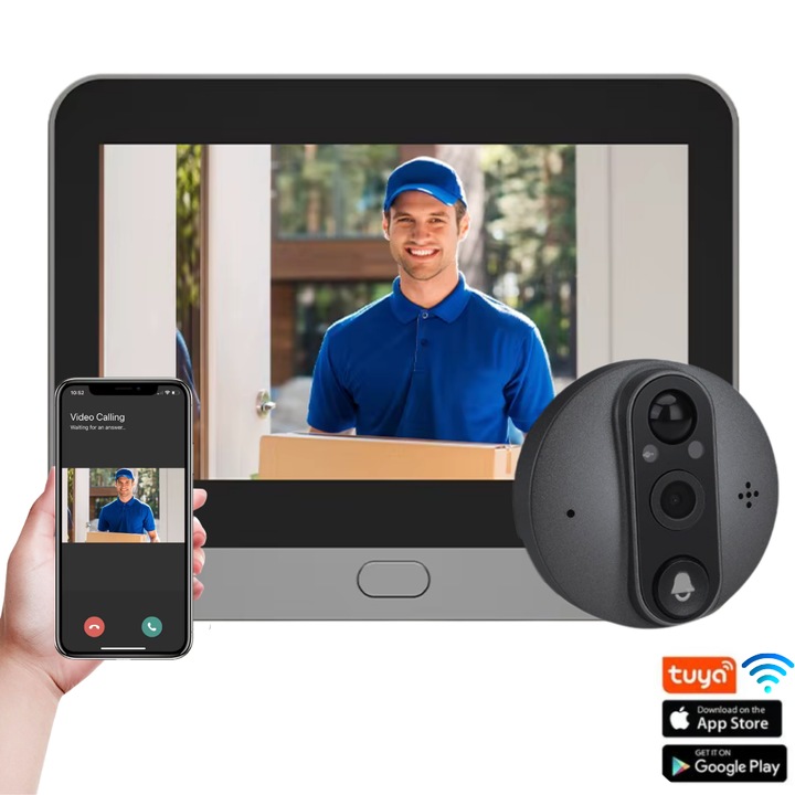 Vizor Electronic, Valpa Smart, Aplicatie Telefon, Ecran 4.3Inch, Camera HD 3MP, Senzori de miscare, Night Vision, Unghi de Vizualizare 140°, Audio Bi-directional, Supraveghere 24/7, Baterie Li-Ion 5000 mAh, Slot Card SD