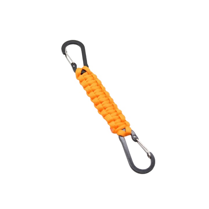 Kulcstartó gyűrű típusú, fonott paracord zsinór, gyorsan kioldható acélhuzalos karabinerrel, kulcsokhoz és kültéri használatra, narancssárga színű