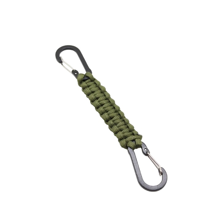 Kulcstartó gyűrű típusú, fonott paracord zsinór, gyorskioldó acélhuzalos karabinerrel, kulcsokhoz és kültérre, hadsereg zöld színű