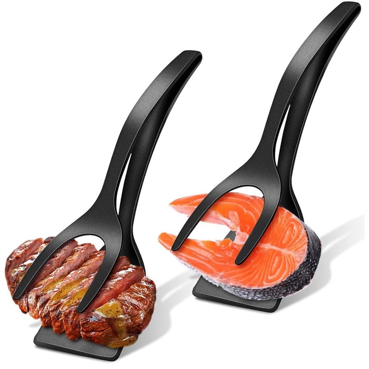 Set 2 x Spatula-cleste pentru carne/peste/alimente NEXTLY, ustensila 2 in 1 pentru intors/ridicat/prins alimentele, maner ergonomic, material PP non-toxic, rezistenta la temperaturi ridicate, negru