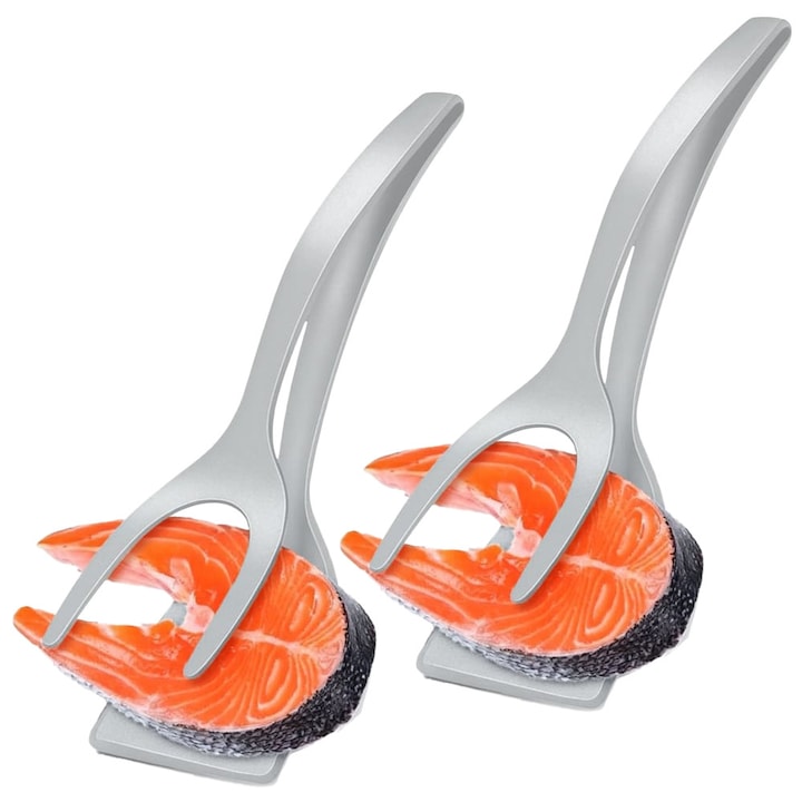 Set 2 x Spatula-cleste pentru carne/peste/alimente NEXTLY, ustensila 2 in 1 pentru intors/ridicat/prins alimentele, maner ergonomic, material PP non-toxic, rezistenta la temperaturi ridicate, gri