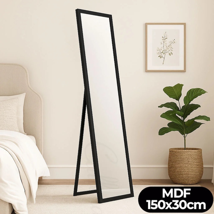 Oglinda de podea, 150x30cm, negru, MDF, cu suport, cu picior, Callena