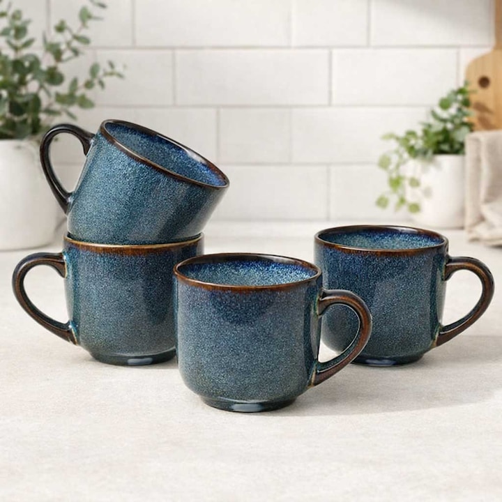 Set 4 cani, ceramica dublu glazurata, 340 ml, 9.5x8cm, albastru, Callena, Golden Eclipse