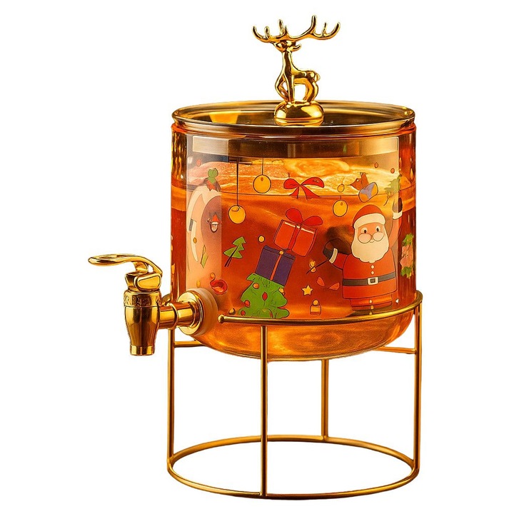 Стъклен диспенсър за напитки, Коледен дизайн, Златиста стойка, Антиблокиращ кран, 2.6 литра, Прозрачен