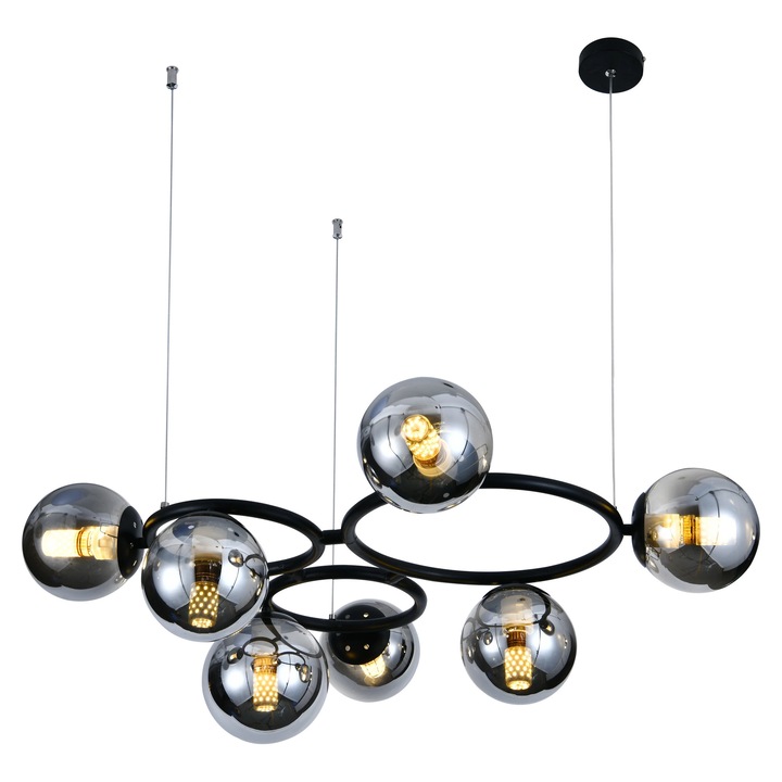 Висяща лампа RFAN, модел N6805-7, със 7 абажура, 7 x E27, регулируема височина, черно/хромирано