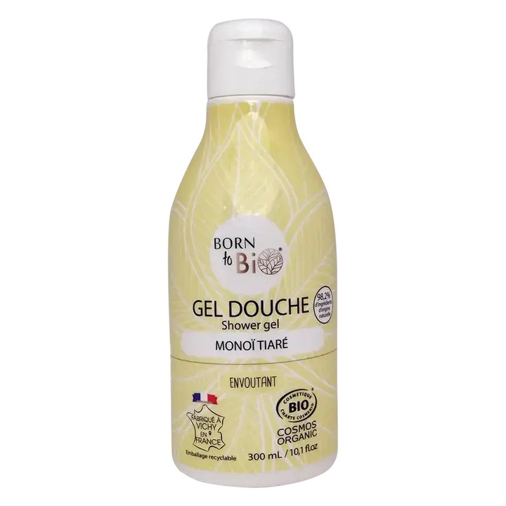 Bio Tusfürdő, Born To Bio, Monoi Tiare kivonatokkal, Cosmos Organic minősítéssel, érzékeny bőrre gyengéd tisztítással, hidratálással és táplálással, 300 ml