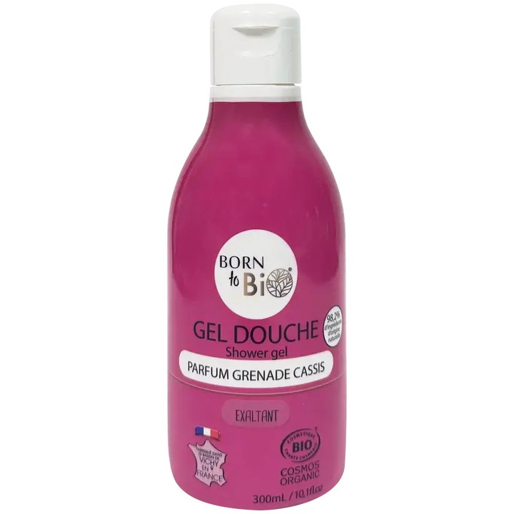Gel de duș bio Born To Bio® cu extracte de rodie și coacăze negre, 98,2% ingrediente naturale, certificat Cosmos Organic, pentru piele sensibilă cu curățare delicată, hidratare și nutriție, 300 ml