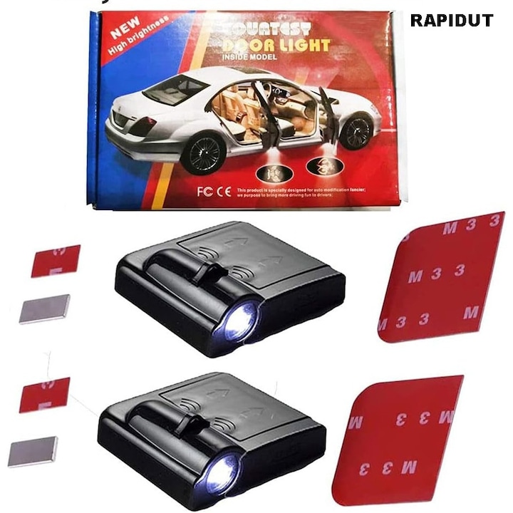 Set 2 proiectoare logo “VW”, RAPIDUT®, Lumina LED pentru usa, Suport cu banda dublu, Proiectie HD, Holograma auto, Comutator inteligent cu senzor, 6,7x6,5 cm, Negru