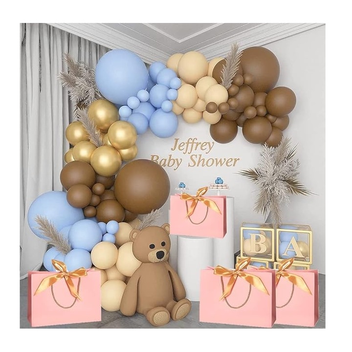 Arcada de baloane, 107 buc, Domi Party & Gifts, Decoratiuni pentru petrecerea, culoare cafea-nud-albastru, baby shower cu ursuleti, zile de nastere