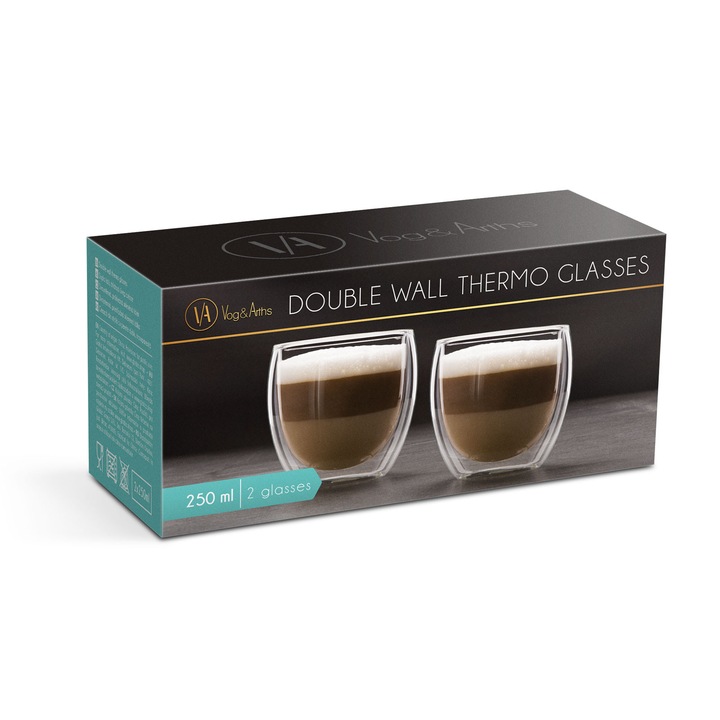 Vog & Arths 57176J Duplafalú cappuccino üvegpoház, kávés csésze, fül nélkül design, 250 ml (2 db / csomag)