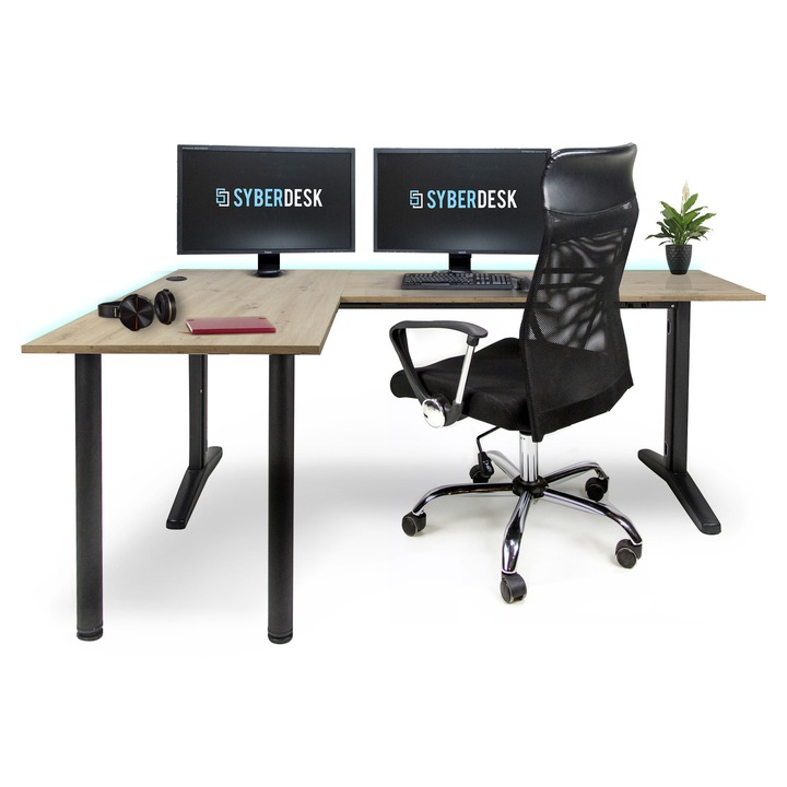 Birou de gaming SyberDesk coltar V2 LED, 197 x 132 cm, masa de gaming RGB in forma de L, HUB USB, management cabluri, birou pentru calculator in forma de L (stanga, culoarea lemnului)