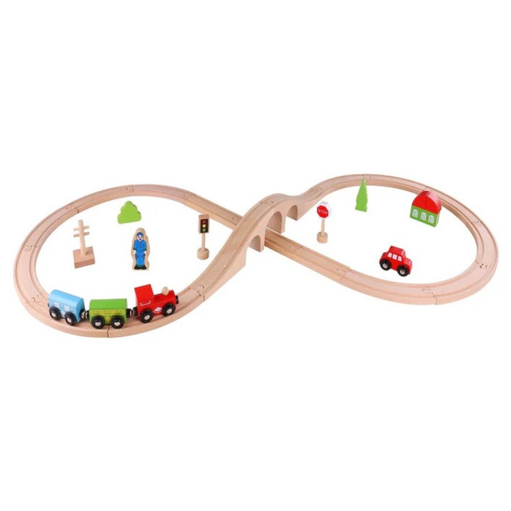Set trenuleț din lemn, Tooky Toy, 30 piese, cu pista, ușor de asamblat, multicolor
