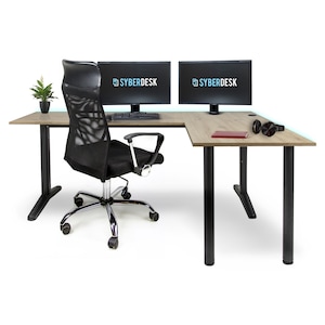 Birou de gaming SyberDesk coltar V2 LED, 197 x 132 cm, masa de gaming RGB in forma de L, HUB USB, management cabluri, birou pentru calculator in forma de L ( dreapta, culoarea lemnului )