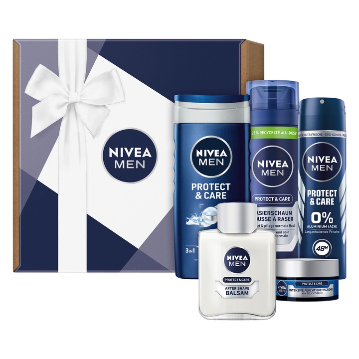 Nivea Men Protect & Care Ajándék Szett, Tusfürdő 250 ml, Borotvahab 200 ml, Borotválkozás Utáni Balzsam 100 ml, Dezodor 150 ml, Ajándék Férfiaknak