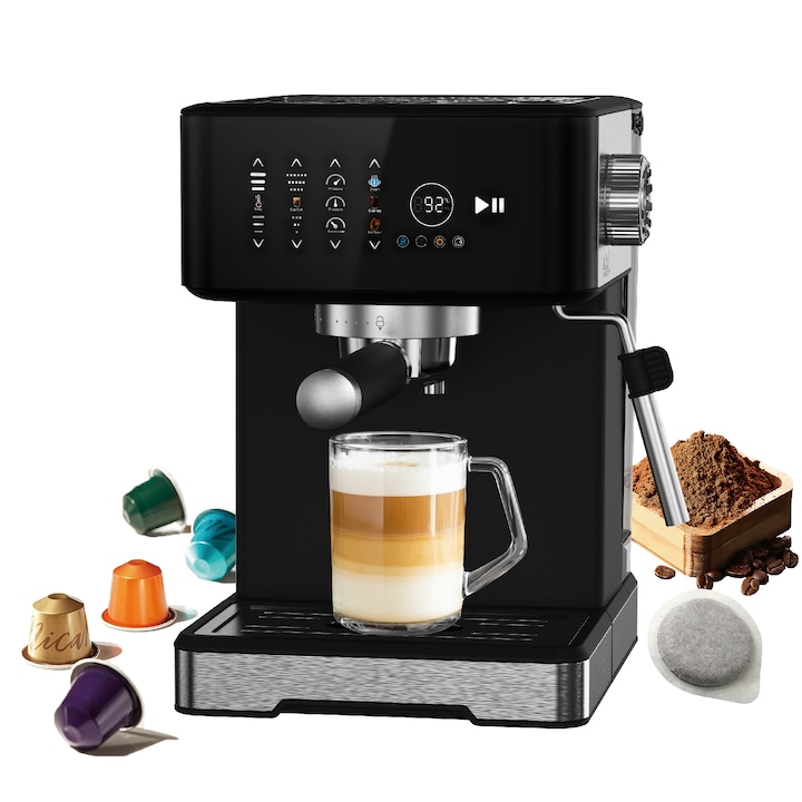 Espressor profesional 3 in 1, presiune 3 niveluri, 6 temperaturi & 6 volume, Cafea rece si Americano, ecran color tactil, abur/ apa calda, sistem de alarma, 1.7L, 20 bar