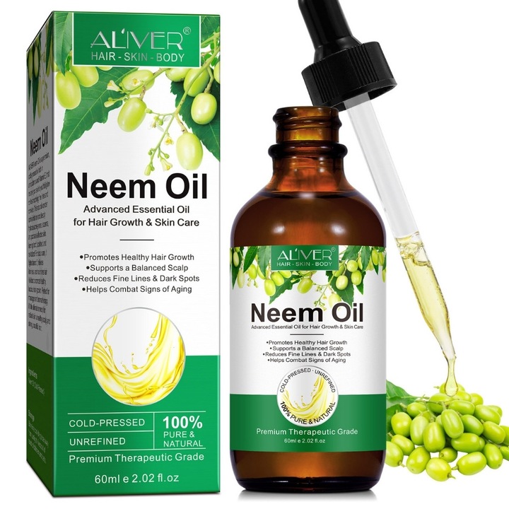 Ulei purtator de Neem, 100% Organic, Presat la Rece, pentru Ingrijirea Corpului, Parului si Unghiilor, 60 ml, ALIVER®