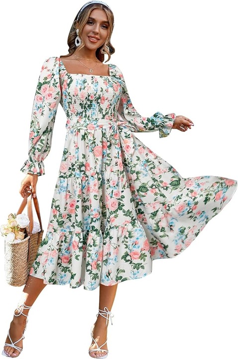 Rochie eleganta lunga pana la genunchi, maneci lungi, Alb floral, Alb
