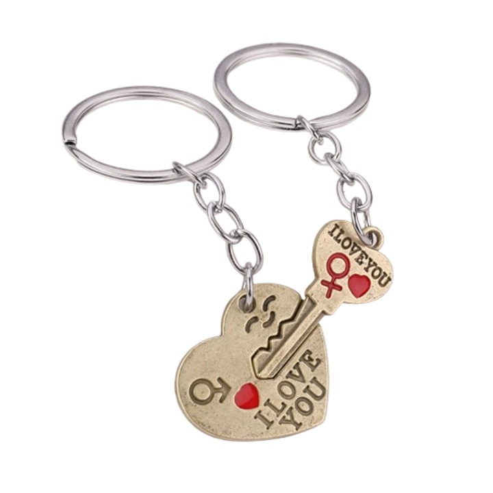 Breloc pentru Cupluri, Model Inima cu Sageata si Mesaj Text, din Aliaj Metalic, Set 2 Bucati, Culoare cupru