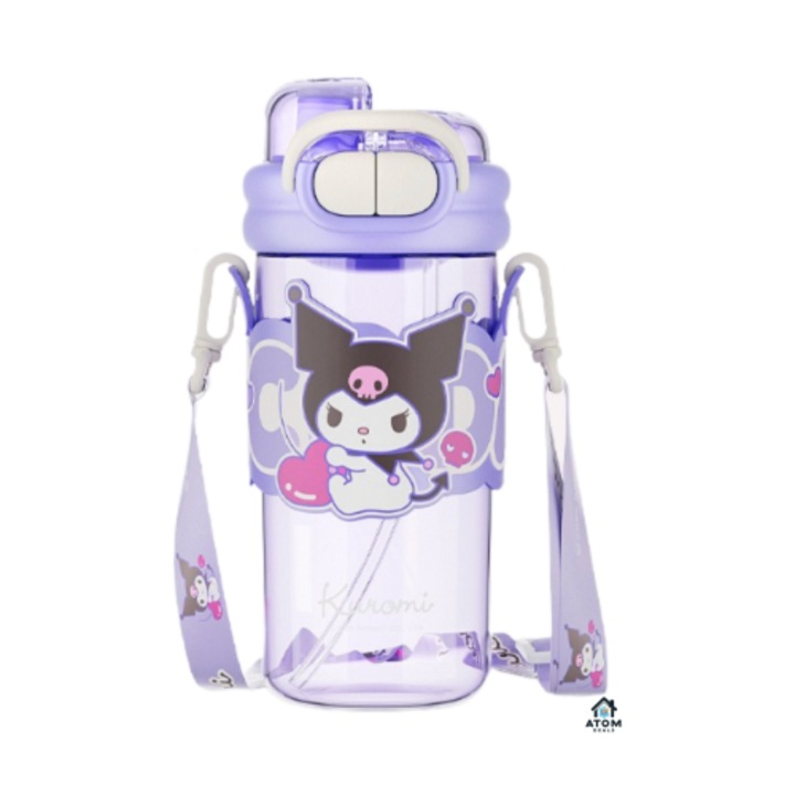 Бутилка за вода за деца ATOM Deals, дизайн Kuromi, 510 мл, лилава, двойна система за пиене