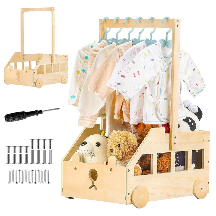 Cos Cadou Din Lemn Pentru Bebelusi Cu Roti, Set Petrecere De Baby Shower, Lemn