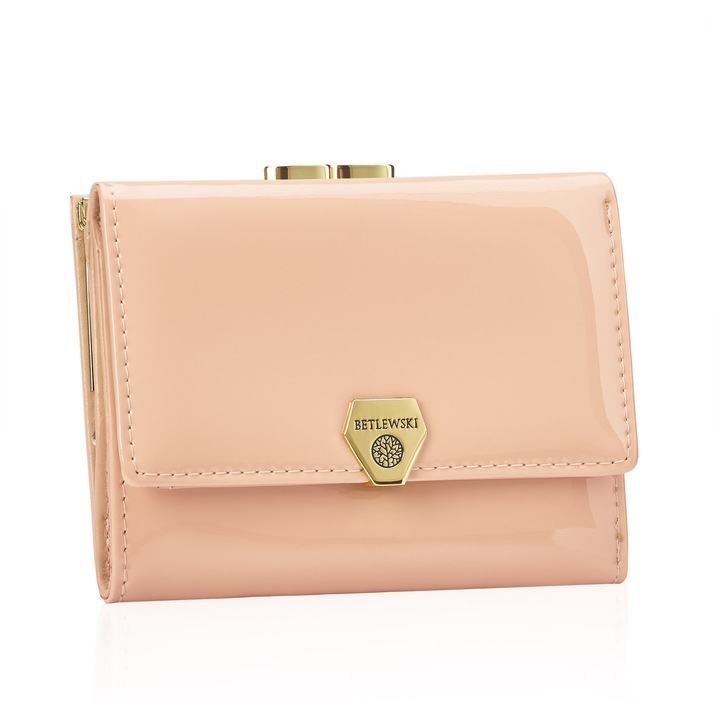 Portofel mic de dama, piele naturala lacuita, Betlewski, Shiny, 12 x 9 x 2.8 cm, culoare pudra