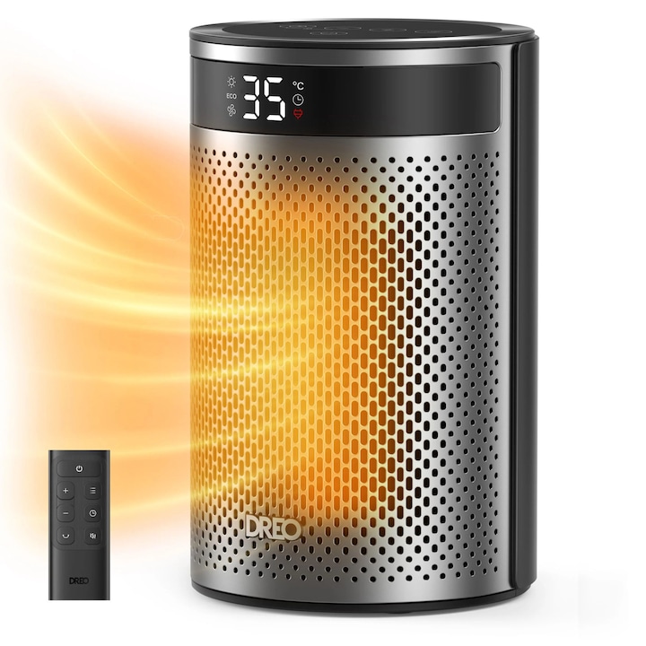 Aeroterma Dreo Atom 416, 1500W, Heater Ceramica, Termostat, Timer 12h, Display LED, Eco Mode, Silentios, Mod Eco, Telecomanda, Negru&Argintiu