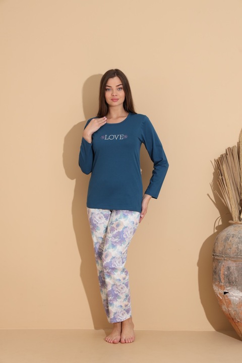 Pijama dama cu bluza „Love” si pantaloni cu imprimeu floral, bleumarin, Bumbac 100, Floral