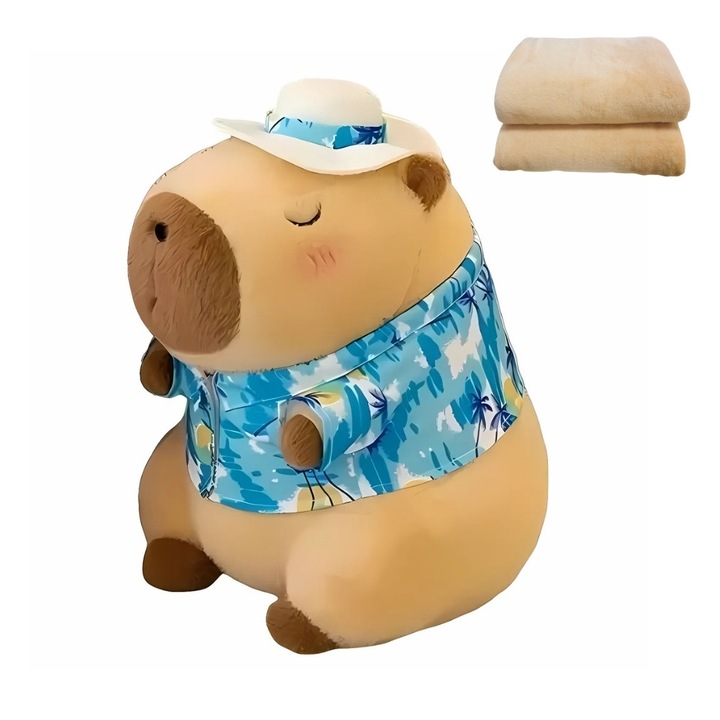 Плюшена играчка, Капибара с хавайска риза, Включено одеяло, Ултра мека козина, Кафяво/Синьо, 48 см