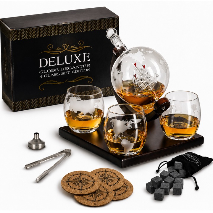 Set decantor whisky Epique, glob pamantesc cu barca, 850 ml, cu cutie inclusa, baza din lemn, 4 pahare, 12 cuburi pentru racire din roca, 4 coastere din pluta, cleste metalic si palnie