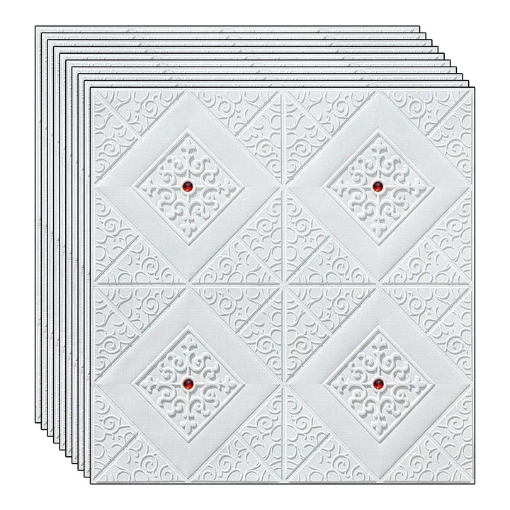 Set 10 x tapet autoadeziv 3D NEXTLY, pentru perete sau tavan, waterproof, ajustabil, adeziv puternic, usor de montat, suprafata acoperire 4.9 mp, 70x70 cm, alb-rosu, cod 79
