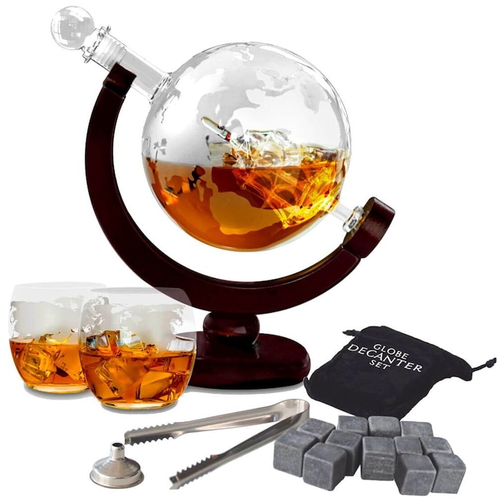 Комплект бутилки за декантер, дизайн на глобус и лодка отвътре, 850 мл, 2 чаши с щампа, 12 каменни кубчета за уиски, 2 коркови подложки, фуния, тапа, клещи