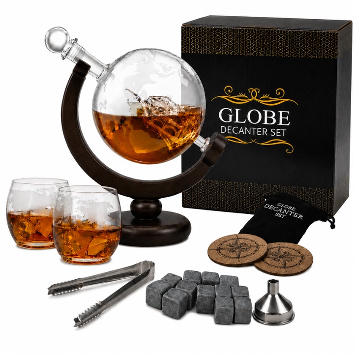 Set decantor Epique, glob pamantesc si barca, 850 ml, 2 pahare, 12 cuburi racire din roca si saculet, 2 coastere din pluta, cleste metalic, palnie picurator, sticla, lemn, roca si metal, transparent, cutie inclusa