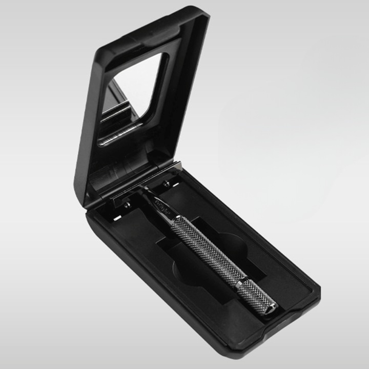 Aparat de Ras Clasic, Cutie de Transport si Depozitare cu Oglinda Incorporata Inclusa, Otel Inoxidabil, Negru, PriStyle®