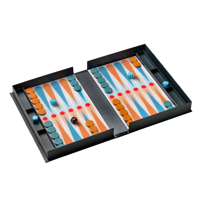Joc de table Printworks, Art of Backgammon, tabla 30.5 x 22 cm, design minimalist, cutie de prezentare eleganta, 30 piese, zaruri incluse, ideal cadou, antracit