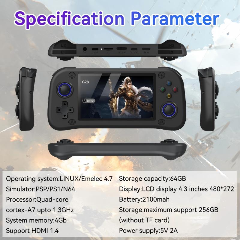 Consola retro portabila G28 cu jocuri, AjieQaQ, 30.000 jocuri video,128GB Card Inclus, RAM 4GB, Ecran HD IPS 4, 3”, Procesor Quad Core 1.3GHz, Joystick 3D, Consola jocuri pentru adulti si copii, Autonomie 8h, Incarcare Type-C