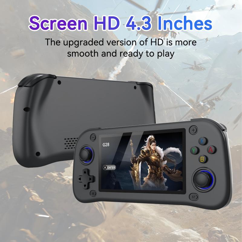 Consola retro portabila G28 cu jocuri, AjieQaQ, 30.000 jocuri video,128GB Card Inclus, RAM 4GB, Ecran HD IPS 4, 3”, Procesor Quad Core 1.3GHz, Joystick 3D, Consola jocuri pentru adulti si copii, Autonomie 8h, Incarcare Type-C