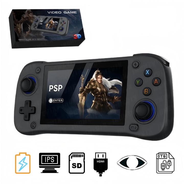 Ретро конзола за игри, 30 000 видео игри, 4,3” HD IPS екран, Включена 128 GB карта, Четириядрен процесор 1,3 GHz, 4 GB RAM, 3D джойстик, Type-C зарядно, 2000 mAh, Конзола, преносимаКонзола за игри за възрастни и деца