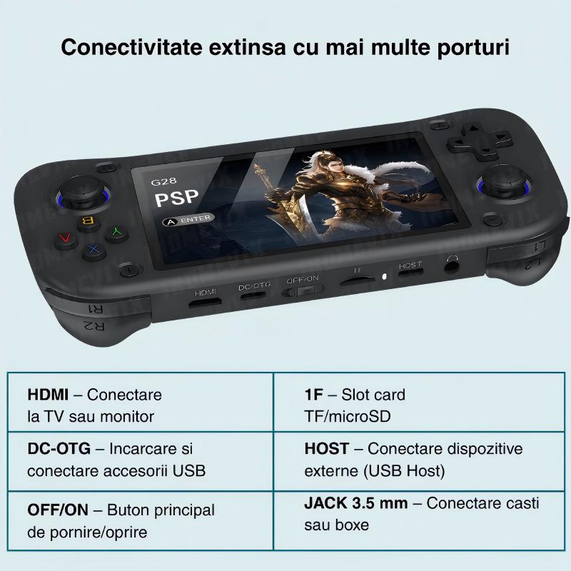 Consola retro portabila G28 cu jocuri, AjieQaQ, 30.000 jocuri video,128GB Card Inclus, RAM 4GB, Ecran HD IPS 4, 3”, Procesor Quad Core 1.3GHz, Joystick 3D, Consola jocuri pentru adulti si copii, Autonomie 8h, Incarcare Type-C
