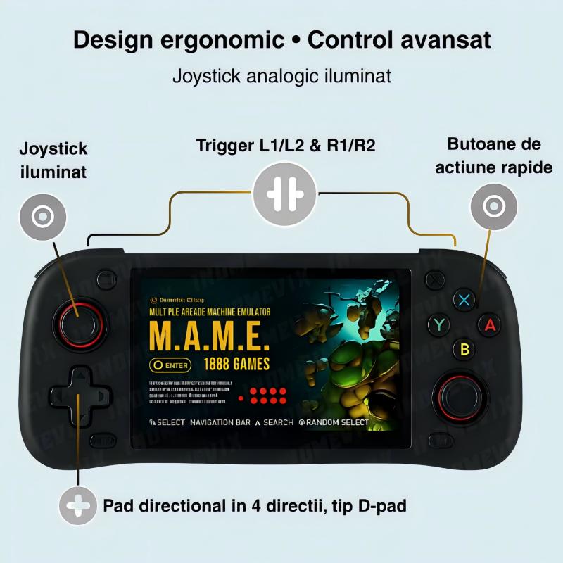 Consola retro portabila G28 cu jocuri, AjieQaQ, 30.000 jocuri video,128GB Card Inclus, RAM 4GB, Ecran HD IPS 4, 3”, Procesor Quad Core 1.3GHz, Joystick 3D, Consola jocuri pentru adulti si copii, Autonomie 8h, Incarcare Type-C