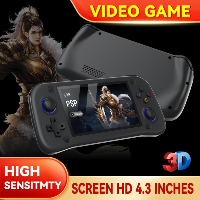 Consola retro portabila G28 cu jocuri, AjieQaQ, 30.000 jocuri video,128GB Card Inclus, RAM 4GB, Ecran HD IPS 4, 3”, Procesor Quad Core 1.3GHz, Joystick 3D, Consola jocuri pentru adulti si copii, Autonomie 8h, Incarcare Type-C