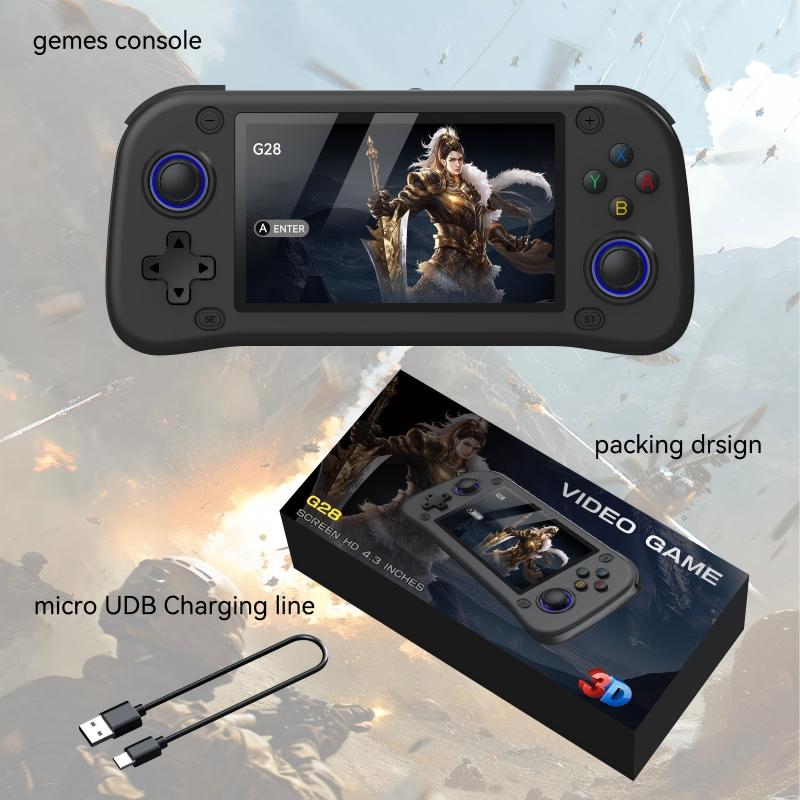 Consola retro portabila G28 cu jocuri, AjieQaQ, 30.000 jocuri video,128GB Card Inclus, RAM 4GB, Ecran HD IPS 4, 3”, Procesor Quad Core 1.3GHz, Joystick 3D, Consola jocuri pentru adulti si copii, Autonomie 8h, Incarcare Type-C