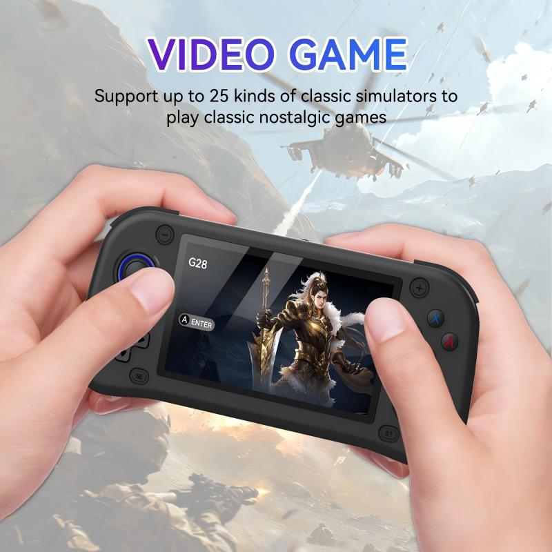 Consola retro portabila G28 cu jocuri, AjieQaQ, 30.000 jocuri video,128GB Card Inclus, RAM 4GB, Ecran HD IPS 4, 3”, Procesor Quad Core 1.3GHz, Joystick 3D, Consola jocuri pentru adulti si copii, Autonomie 8h, Incarcare Type-C