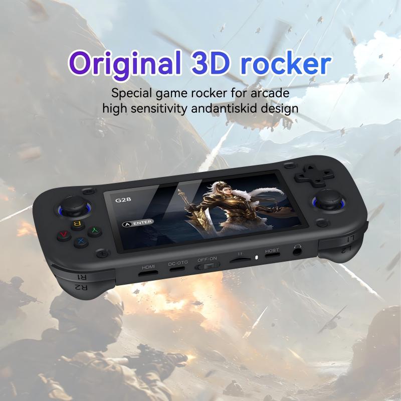 Consola retro portabila G28 cu jocuri, AjieQaQ, 30.000 jocuri video,128GB Card Inclus, RAM 4GB, Ecran HD IPS 4, 3”, Procesor Quad Core 1.3GHz, Joystick 3D, Consola jocuri pentru adulti si copii, Autonomie 8h, Incarcare Type-C