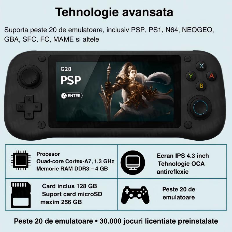 Consola retro portabila G28 cu jocuri, AjieQaQ, 30.000 jocuri video,128GB Card Inclus, RAM 4GB, Ecran HD IPS 4, 3”, Procesor Quad Core 1.3GHz, Joystick 3D, Consola jocuri pentru adulti si copii, Autonomie 8h, Incarcare Type-C