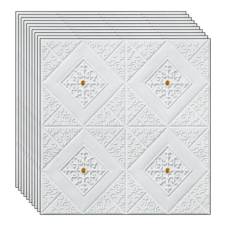 Комплект 10 x 3D тапета NEXTLY, самозалепващи, за стена или таван, водоустойчиви, регулируеми, силно лепило, покривна площ 4.9 кв.м, 70x70 см, бял/жълт, код 79